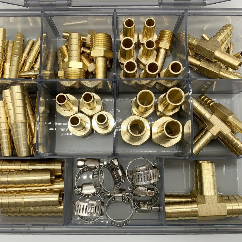 Rolfutool 82 pcs Brass Hose Barb Fittings Assortment Kits 1/8" 3/16" 1/4" 5/16" 3/8" 1/2" Barb Splicer & Barb To Male Coupler & Tee - Image 2